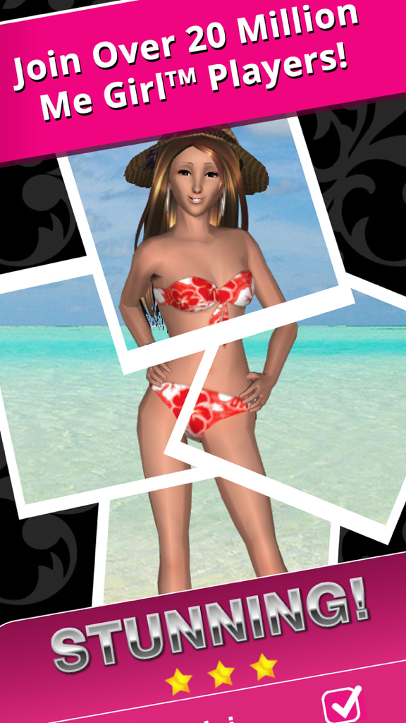 A 3D fashion model in a floral bikini and straw hat posing for a beach photoshoot in the Style Me Girl app