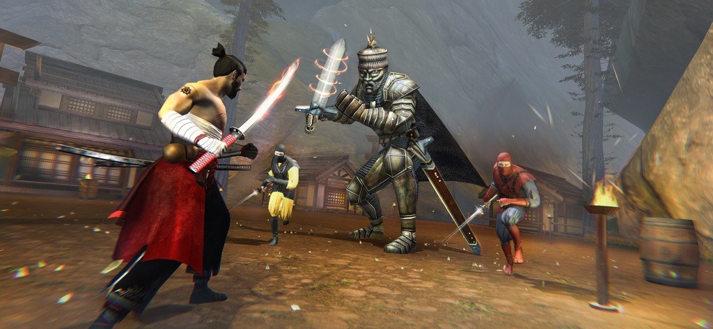Shadow Ninja Assassin Fight - A samurai warrior with a glowing sword fighting a giant armored knight and ninjas in a medieval village