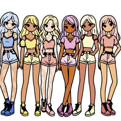 a group of girls wearing crop tops and shorts