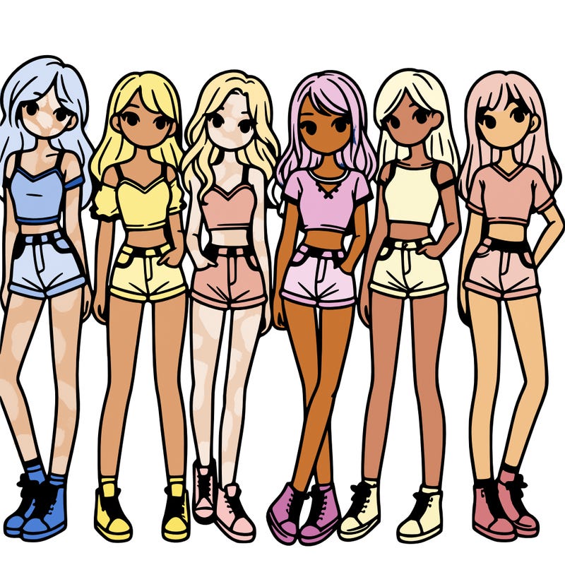 a group of girls wearing crop tops and shorts