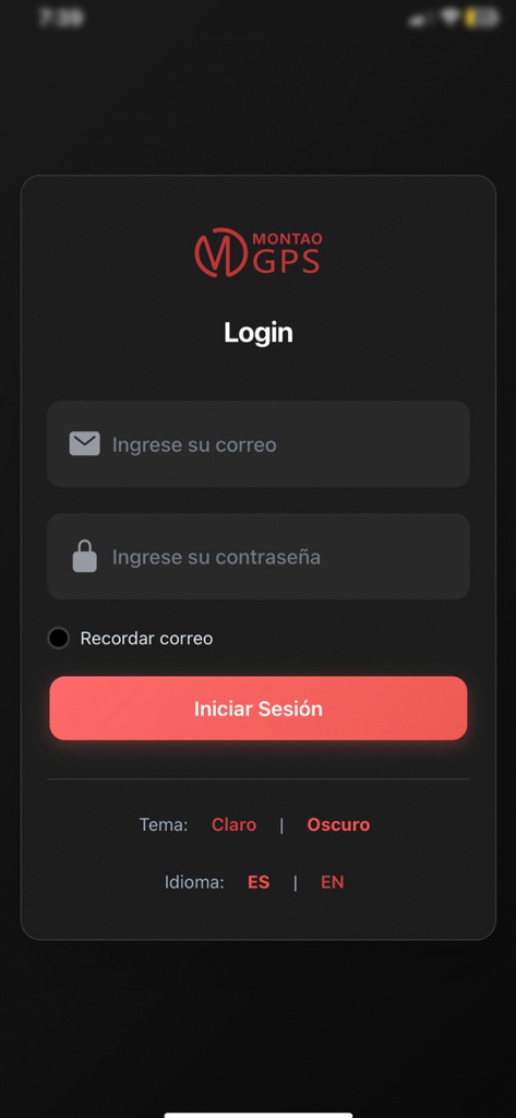 Montao GPS - Login screen of the Montao GPS tracking and monitoring app