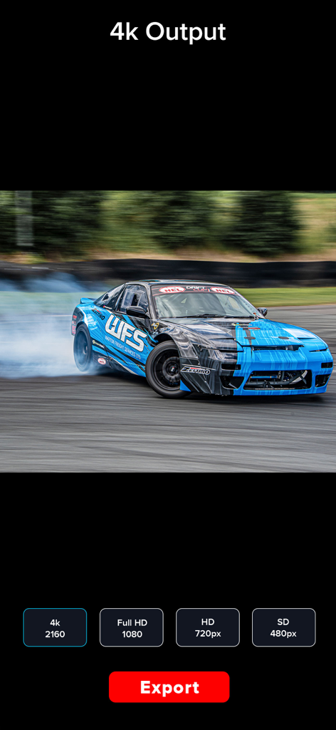 Video Slow Fast Speed Editor - Interface of a video editing app showing 4K resolution output options for a drifting car video clip.