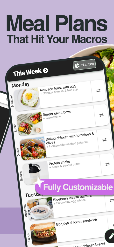Weekly meal planning interface of The Weight Gain App showing high-protein meals and macro targets for muscle building