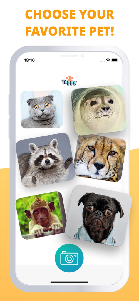 My Talking Animal & Pet App - A smartphone screen from the Toppy app displaying a grid of different animal photos to choose from for animation