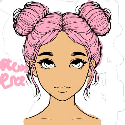realistic girl with two buns on top of her head