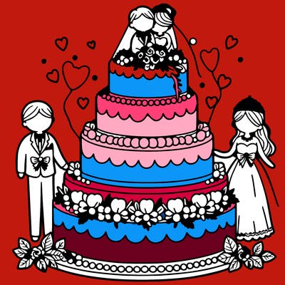 a 5 tier wedding cake with two people on top