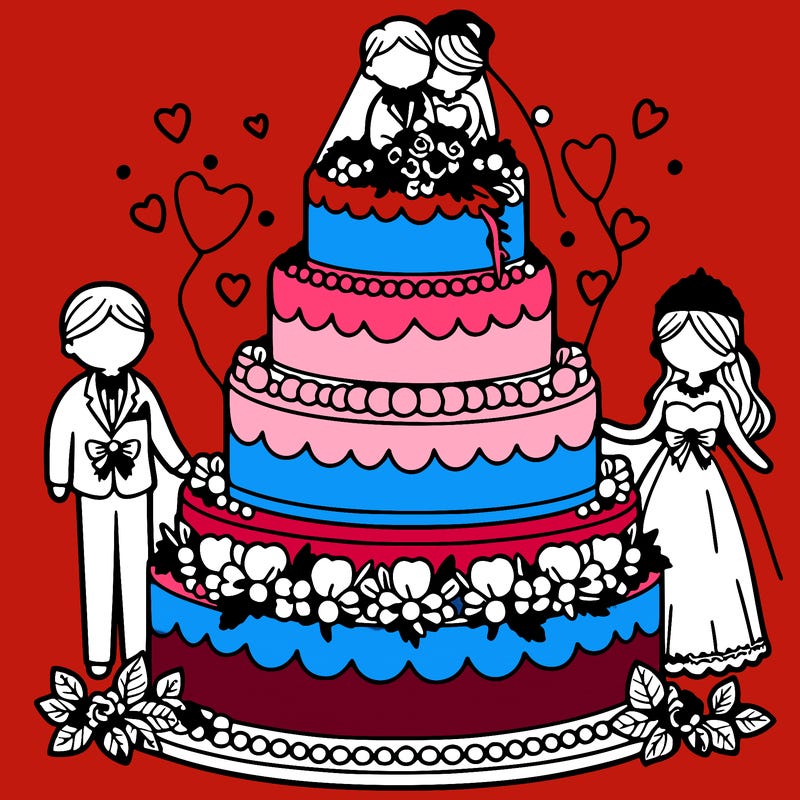 a 5 tier wedding cake with two people on top