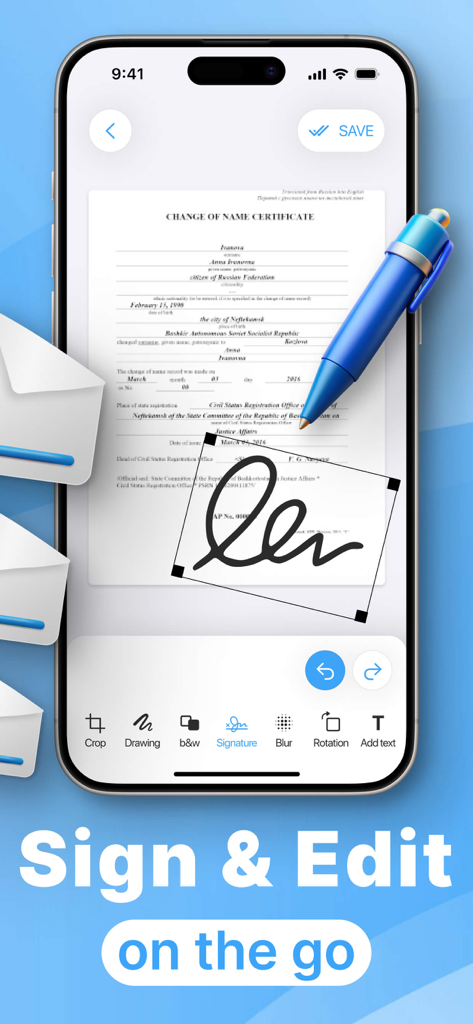 iPhone-Oberfläche, die ein Dokument zeigt, das in der PDF Scanner App digital signiert und bearbeitet wird