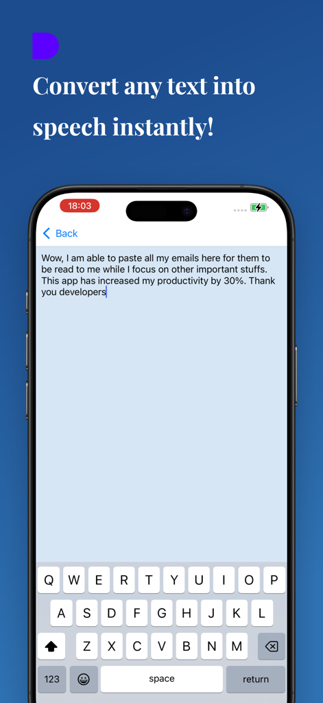 Voicen AI: Text to Speech - iPhone screen showing the Voicen AI app interface with a text box for converting emails and documents into speech