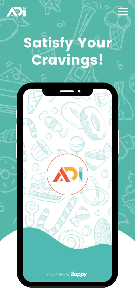 ADI Lebanon - Pantalla de inicio de la aplicación móvil ADI Líbano con el texto Satisfaga Sus Antojos e ilustraciones de snacks.