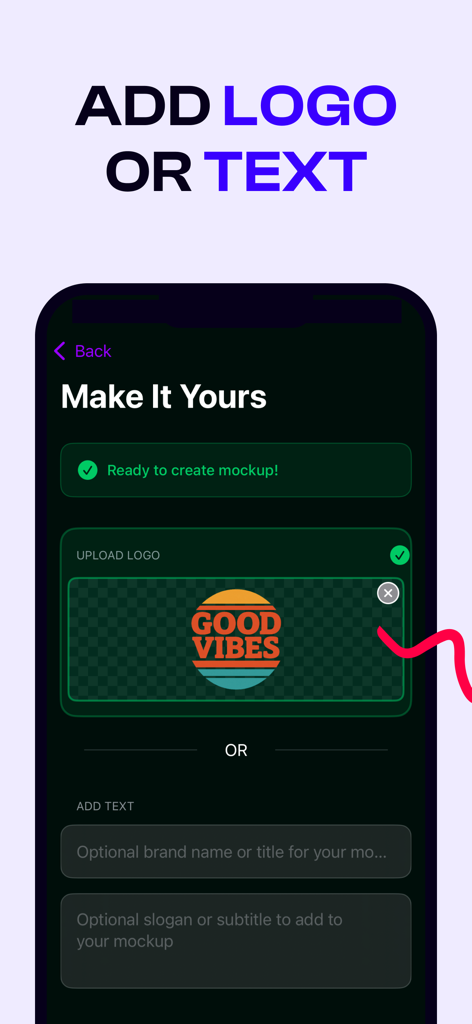 Mockup Creator - 제품 디자인을 위한 로고 업로드 및 사용자 지정 텍스트 추가 옵션을 보여주는 목업 크리에이터 앱의 스마트폰 화면