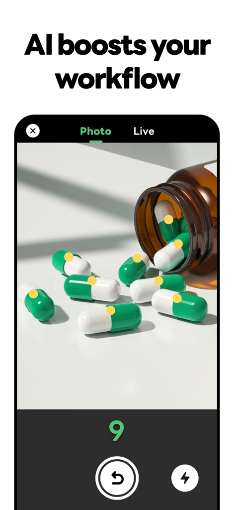 Screenshot of Pill Counter AI app interface showing automated counting of green and white capsules with yellow markers indicating detected pills.