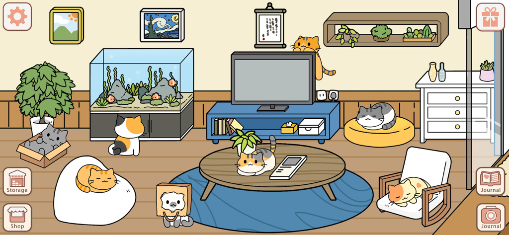 Dream House Decorating Games - Una acogedora escena de sala de estar de Dream House Decorating Games con varios gatos lindos y elementos de decoración del hogar como un acuario y un televisor.