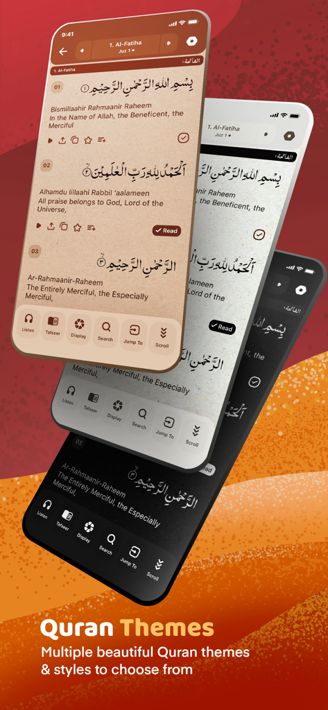 Three smartphone screens displaying Quran Majeed in different color themes including dark mode and sepia