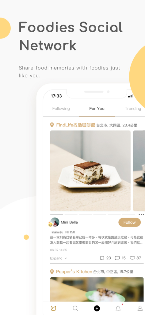 MENU - Eat Like Local Foodies - Pantalla del smartphone de la aplicación MENÚ mostrando un feed social visual para foodies con reseñas y fotos de restaurantes locales