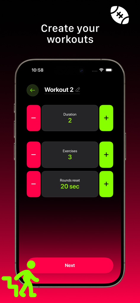 Interval Timer: Workout HIIT - Mobile app interface for creating a custom HIIT workout showing settings for duration and exercises with plus and minus buttons