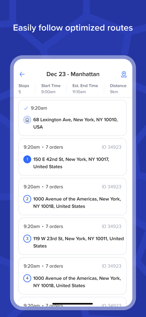Interfaz de la aplicación Routific que muestra una lista de paradas de entrega optimizadas en Manhattan con direcciones y tiempos de llegada.