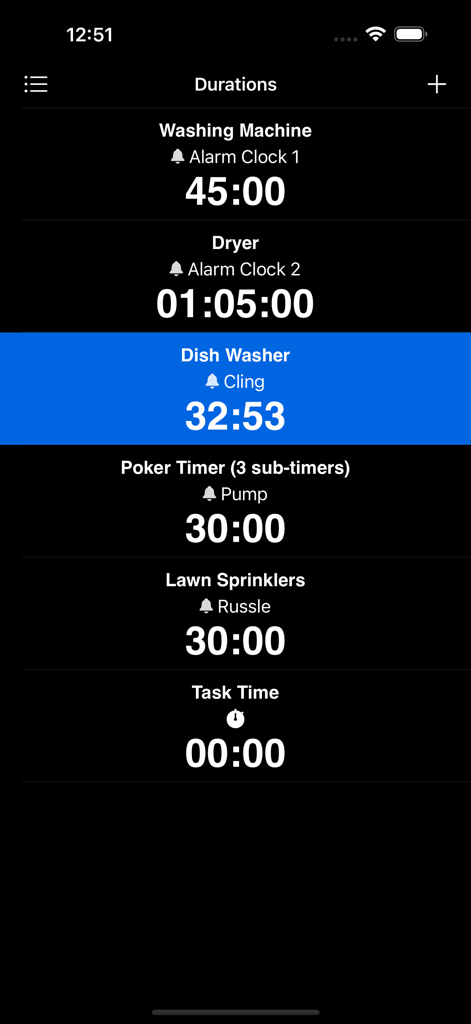 일일 작업 및 가사에 대한 여러 타이머를 표시하는 Durations 모바일 앱 인터페이스
