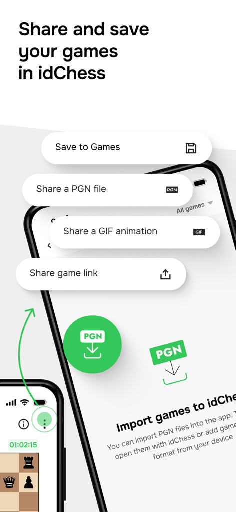 idChess app interface displaying game sharing and PGN import options