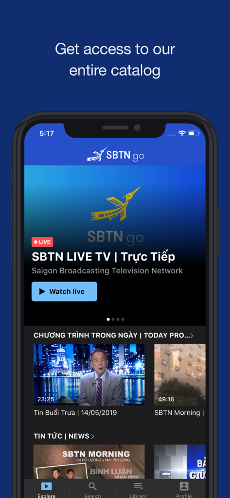 SBTN go app home screen displaying live Vietnamese news and entertainment programs