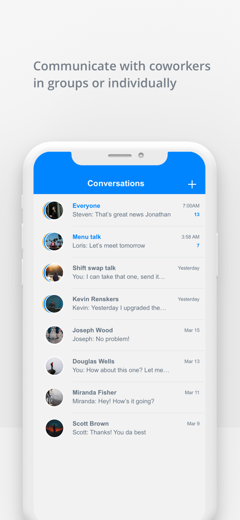 Sling: Employee Scheduling App - Slingアプリのスクリーンショット。グループチャットと個別チャットオプションを備えたチームコミュニケーションが表示されています。