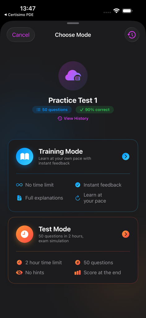 Certisimo PCA - Certisimo PCA app screen showing Training Mode and Test Mode options for GCP Professional Cloud Architect exam preparation.