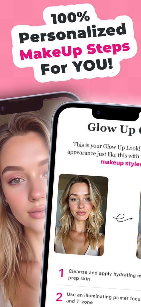 A mobile screen showing personalized makeup steps and a glow up transformation guide with tutorial instructions