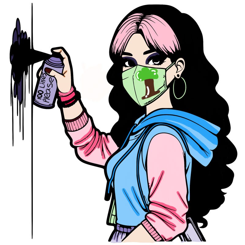 realistic girl with mask spray painting a wall