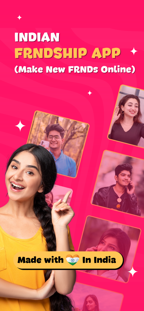 FRND: Chat, Play, Connect - A pink app interface with user profiles and the heading Indian Friendship App