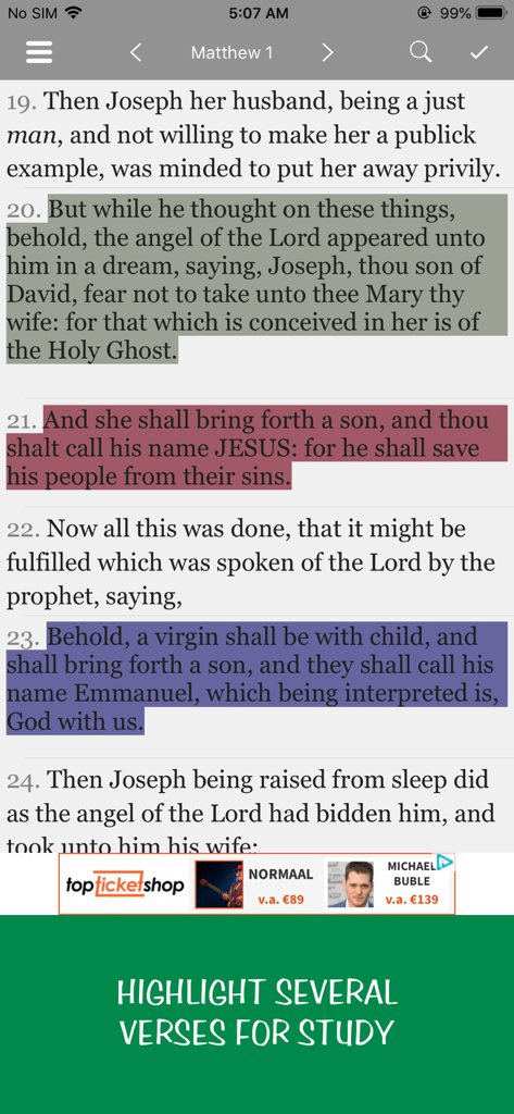 A mobile app screen showing King James Version Bible verses from Matthew 1 with colorful highlights for study