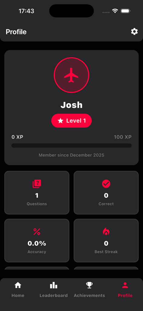 Aviators Quiz - Aviators Quizアプリのユーザープロフィールの画面。レベルの進行状況と航空トリビアの統計が表示されます。