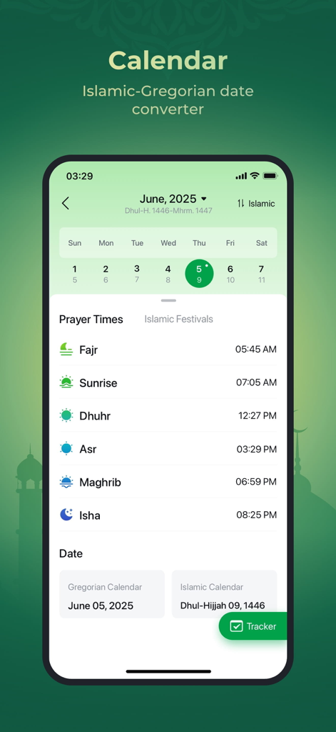 WeMuslim: Athan, Qibla&Quran - WeMuslimアプリのインターフェースに、イスラム暦とグレゴリオ暦のコンバーター、および毎日の祈りの時間スケジュールが表示されています