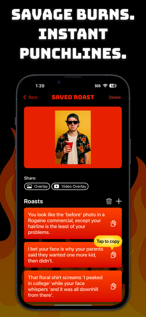 Roast Bot: Savage Comebacks - Roast Bot app interface showing savage AI-generated burns based on a user-uploaded photo