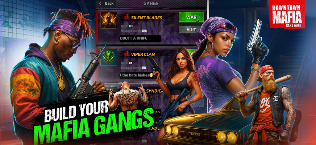 Downtown Mafia: Gang Wars RPG - Promotional artwork for Downtown Mafia Gang Wars RPG featuring various gangster characters and a menu to build mafia gangs