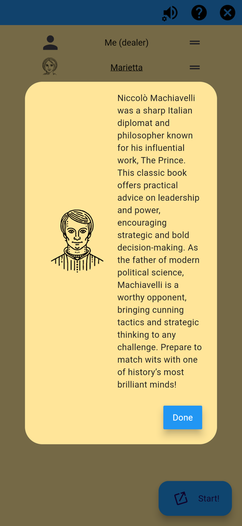 Machiavelli Card Game - A screen from the Machiavelli card game showing a biography popup for Niccolo Machiavelli with a line art portrait.