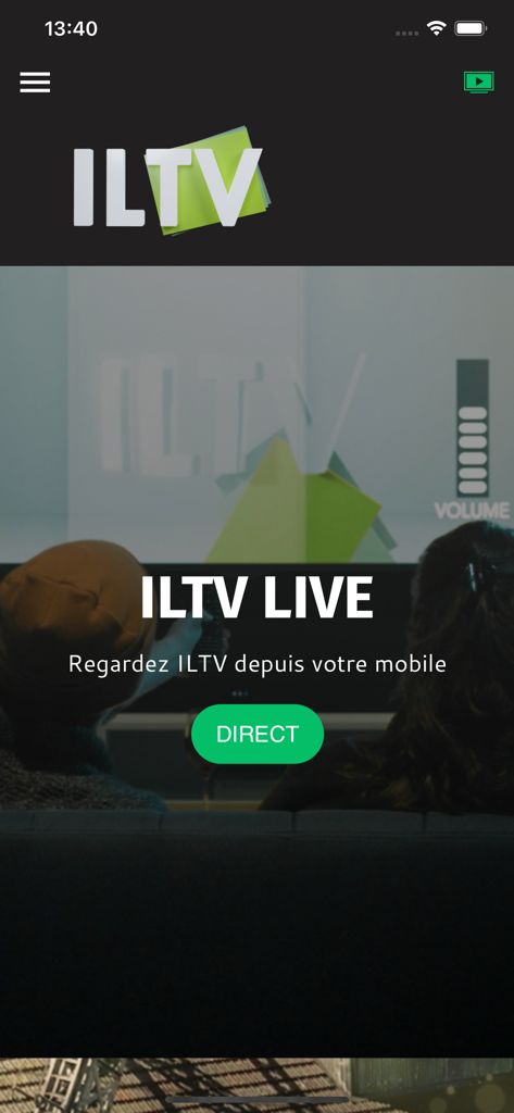ILTV + - ILTV Plusモバイルアプリのホーム画面、ライブ放送ボタン付き