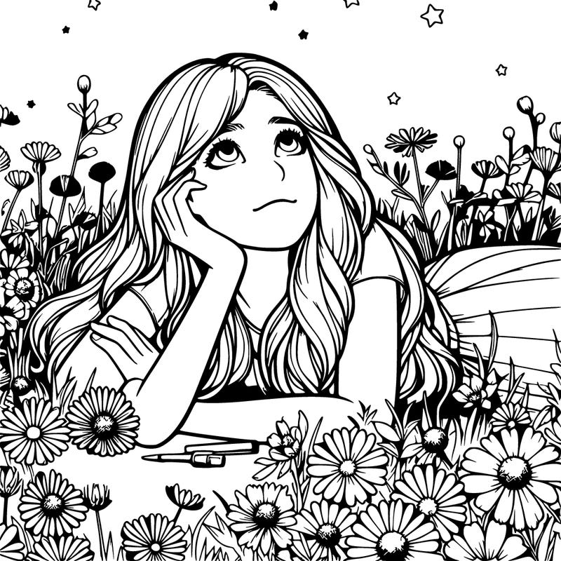 realistic girl laying in a flower field looking up