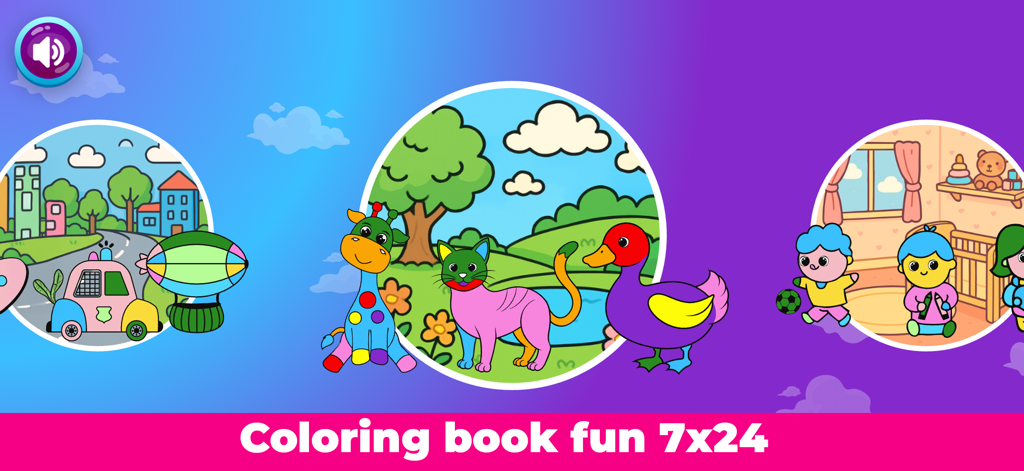Drawing for Kids Coloring Book - Previsualizaciones circulares que muestran varios temas para colorear para niños pequeños en la aplicación Colorino, incluidos animales y vehículos