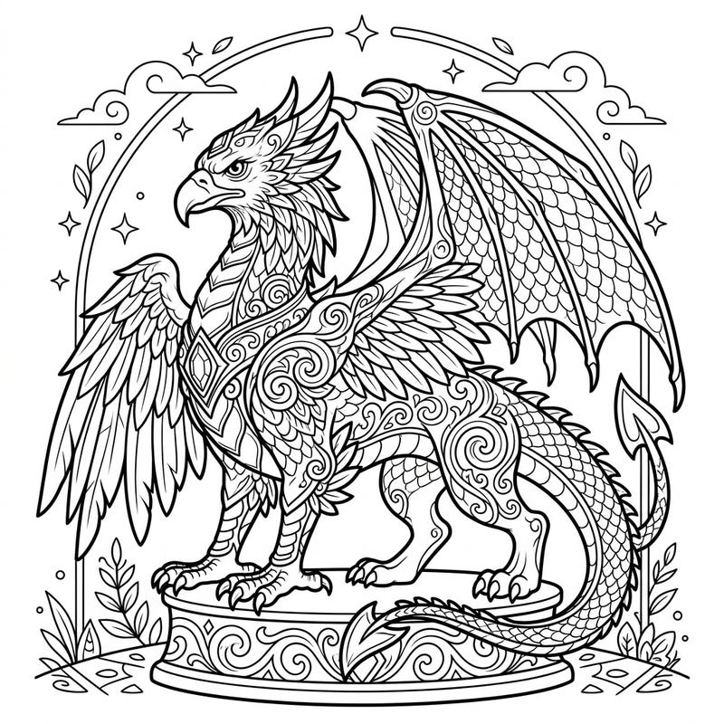 Embark on an epic coloring journey with this stunning griffin sculpture. This highly detailed design offers a captivating challenge for artists of all ages, perfect for bringing a legendary creature to vibrant life.