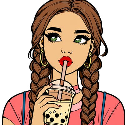realistic girl with braided hair drinking boba