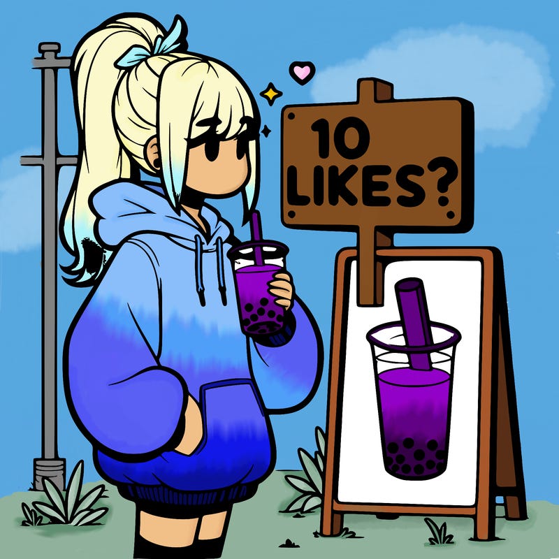 girl with oversized hoodie drinking boba and she has a high ponytail with a sign that says 10likes?