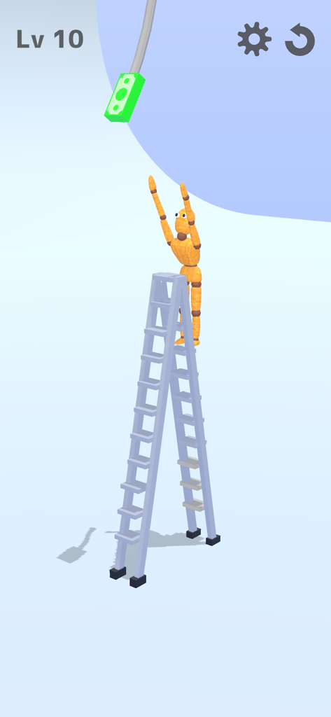 Ragdoll Break: Let's destroy! - A wooden ragdoll character standing on a tall silver ladder reaching for a floating dollar bill.