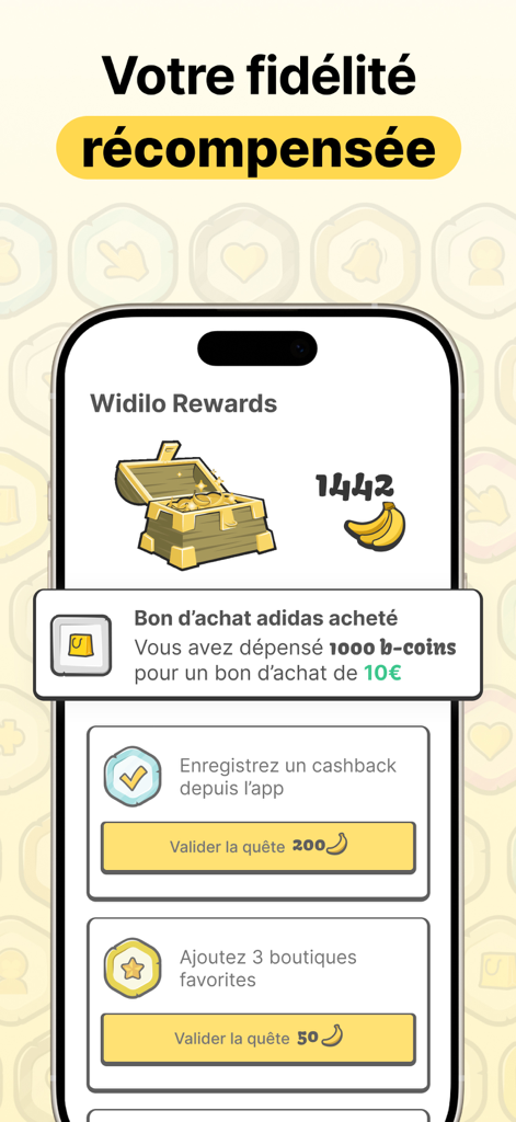 Widilo: Cashback & Codes Promo - Interface de l'application Widilo montrant le programme de fidélité avec des quêtes et une monnaie virtuelle de b-coins.