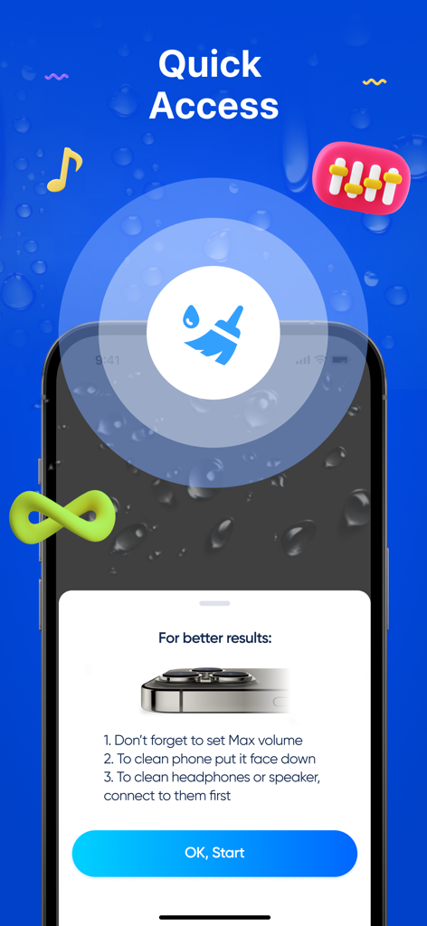 Clean Tune app interface showing step by step instructions to eject water from iPhone speakers