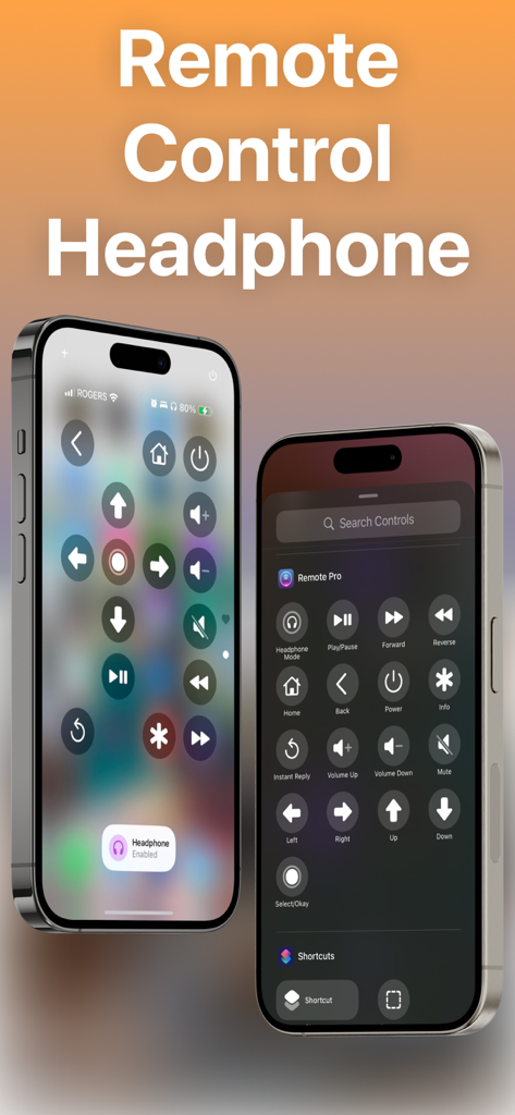 Rolu: Roku Remote - Interface do aplicativo Rolu em dois iPhones mostrando controles remotos Roku e o modo de audição privada com fones de ouvido