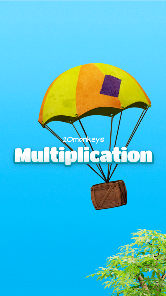 10monkeys Multiplication title screen with a parachute and wooden crate floating in a blue sky
