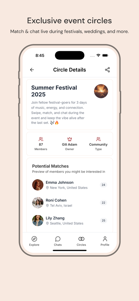 Circlez dating app screen showing exclusive event circle details for a summer festival and potential matches