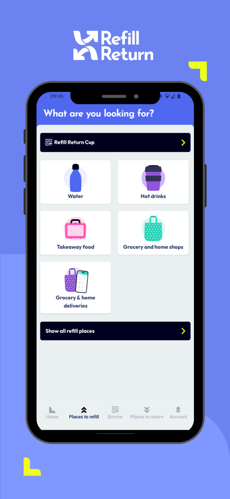 Refill Return - Refill Return app interface showing refill options for water, coffee, takeaway food, and groceries.