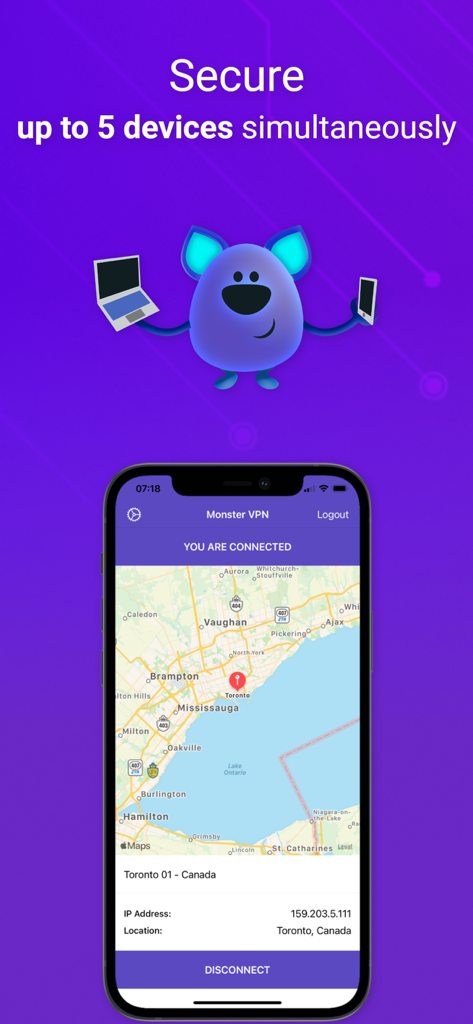 Monster VPN app interface displaying secure connection to Toronto and multi device support