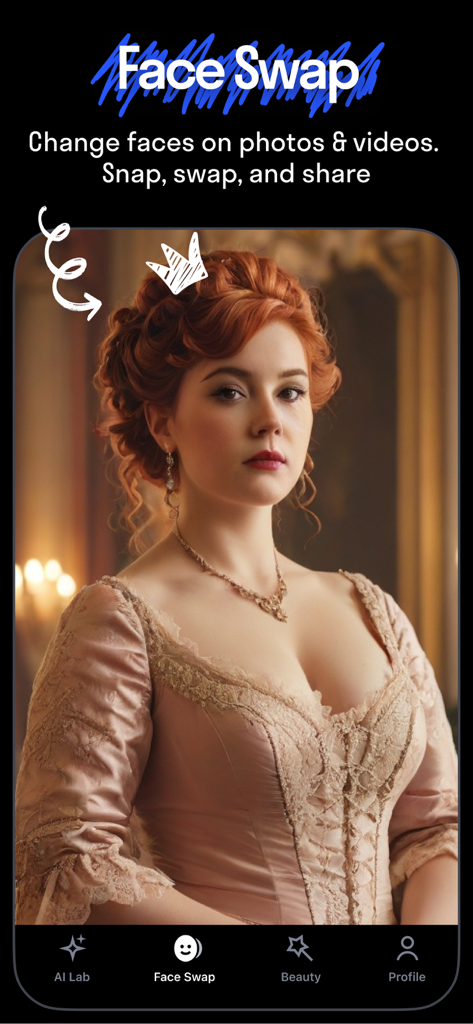 Reface: Face Swap AI Photo App - Reface app interface showing a face swap on a historical period costume portrait